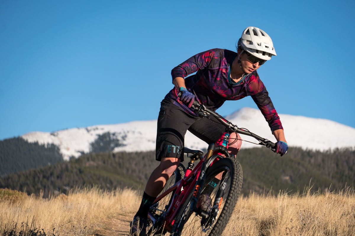 Sarah Rawley riding the SB100 in Summit Country, CO