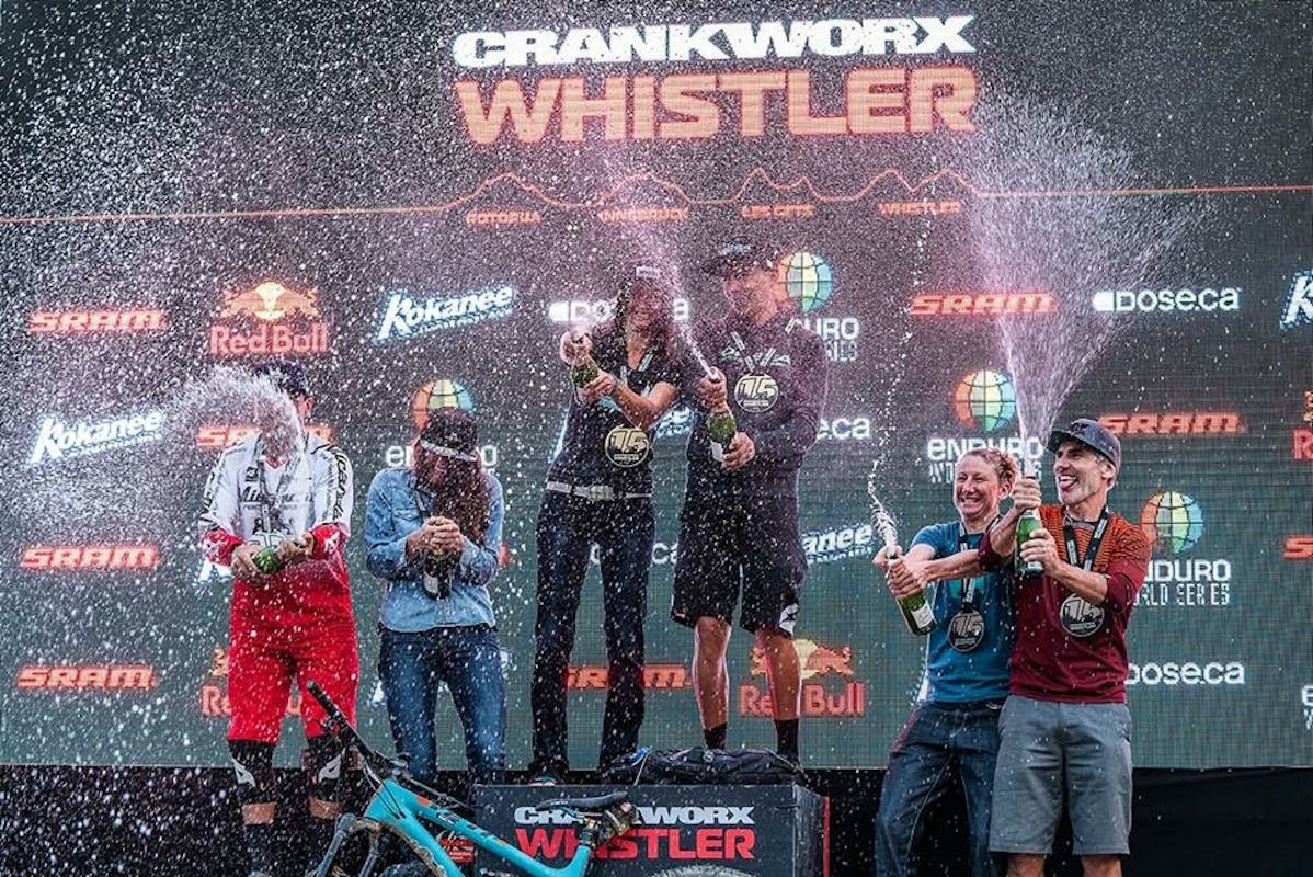 Mike West on the podium at EWS Whistler
